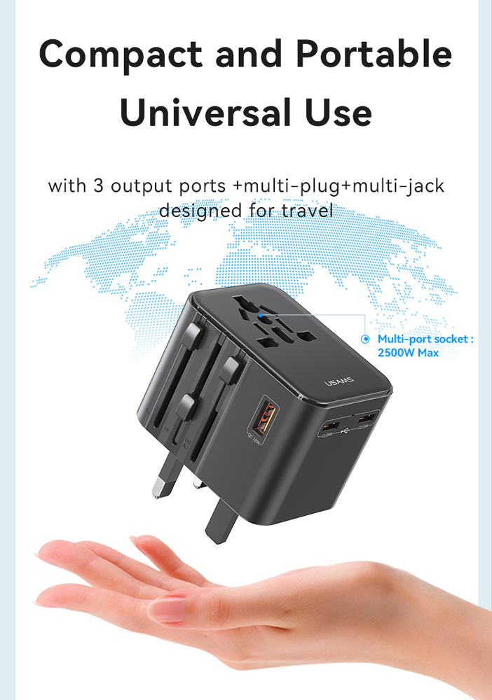 USAMS φορτιστής/αντάπτορας πρίζας CC309, USB & 2x USB-C, universal, 25W, μαύρος