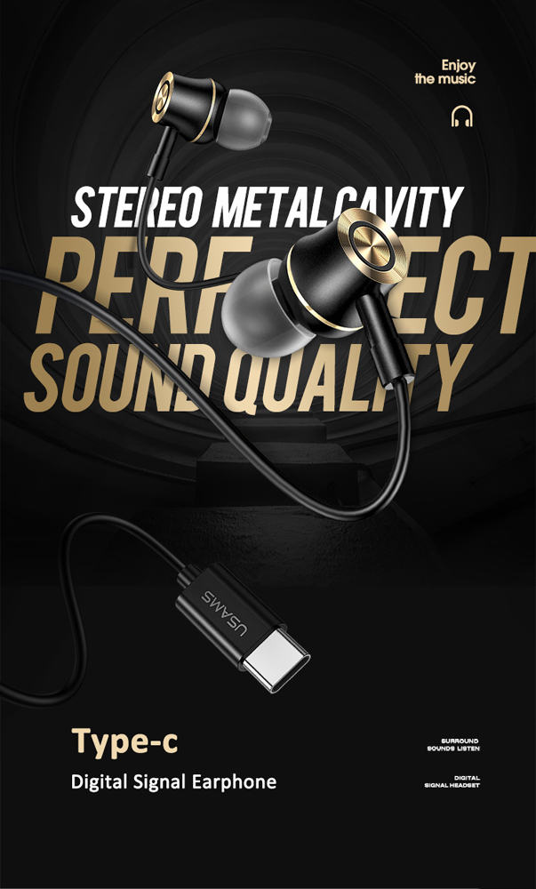 USAMS earphones με μικρόφωνο US-SJ482, USB-C σύνδεση, Φ10mm, 1.2m, μαύρα