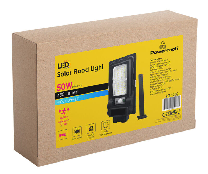 POWERTECH LED ηλιακός προβολέας PT-1269 με αισθητήρα κίνησης, 50W, 3500mA, IP65