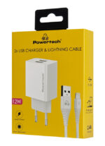 POWERTECH φορτιστής τοίχου PT-1325 με καλώδιο Lightning, 2x USB, 12W, λευκός
