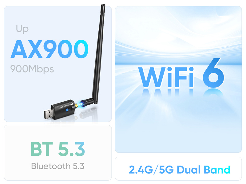 POWERTECH ασύρματος USB αντάπτορας δικτύου & Bluetooth 5.3 PT-1386, 900Mbps WiFi 6