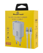 POWERTECH φορτιστής τοίχου PT-1415 με καλώδιο, USB/2x USB-C, 65W, GaN, λευκός