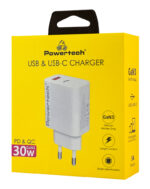 POWERTECH φορτιστής τοίχου PT-1433, USB/USB-C, 30W, GaN, λευκός