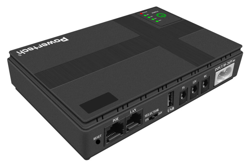 POWERTECH mini DC UPS PT-1434, 18W, 10400mAh, 3x DC, USB/LAN/POE, μαύρο