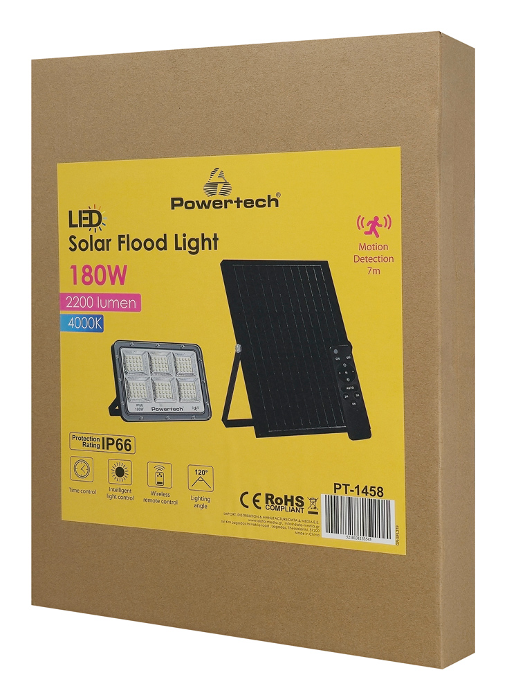 POWERTECH LED ηλιακός προβολέας PT-1458 με τηλεχειριστήριο, αισθητήρας κίνησης, 180W, 4000K, 2000lm, IP66