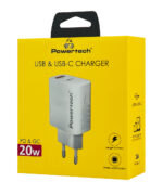 POWERTECH φορτιστής τοίχου PT-1493, USB/USB-C, 20W, λευκός