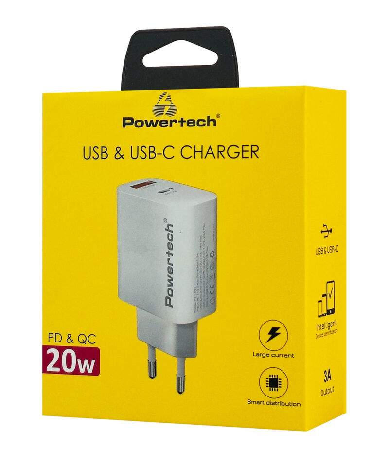 POWERTECH φορτιστής τοίχου PT-1493, USB/USB-C, 20W, λευκός