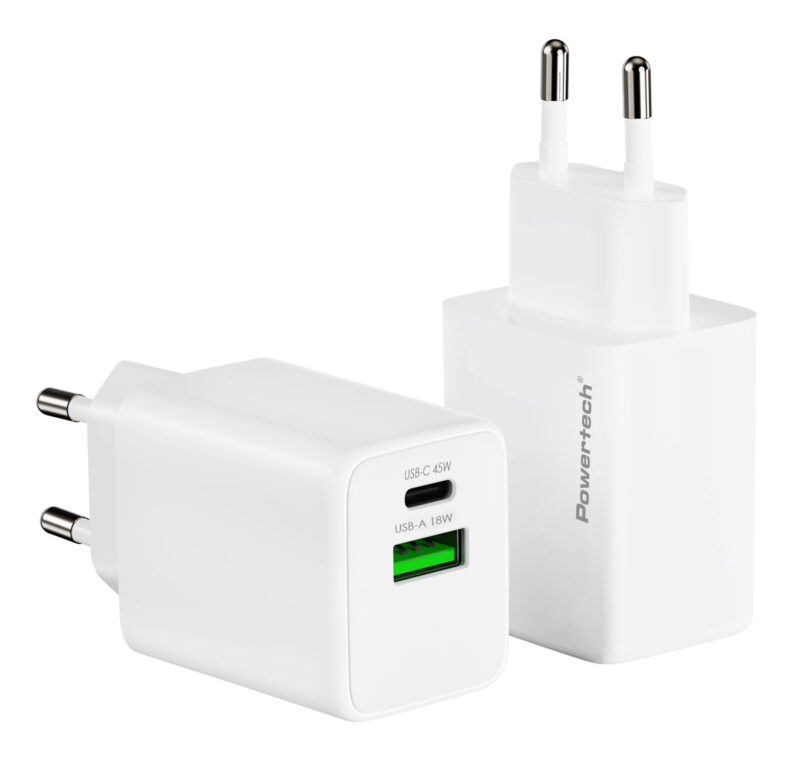 POWERTECH φορτιστής τοίχου PT-1551, USB/USB-C, 45W, GaN, AVS, λευκός