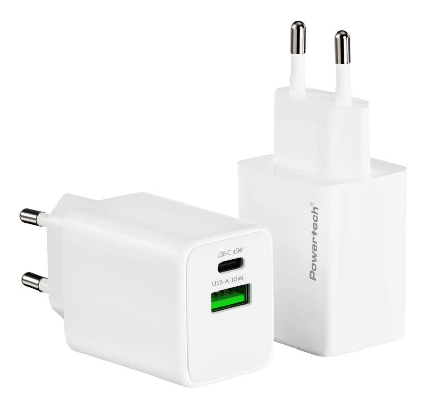 POWERTECH φορτιστής τοίχου PT-1551, USB/USB-C, 45W, GaN, AVS, λευκός