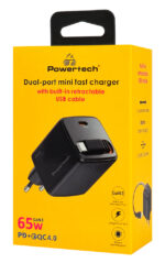 POWERTECH φορτιστής τοίχου PT-1573 με πτυσσόμενο καλώδιο, USB-C, 65W, GaN, μαύρος
