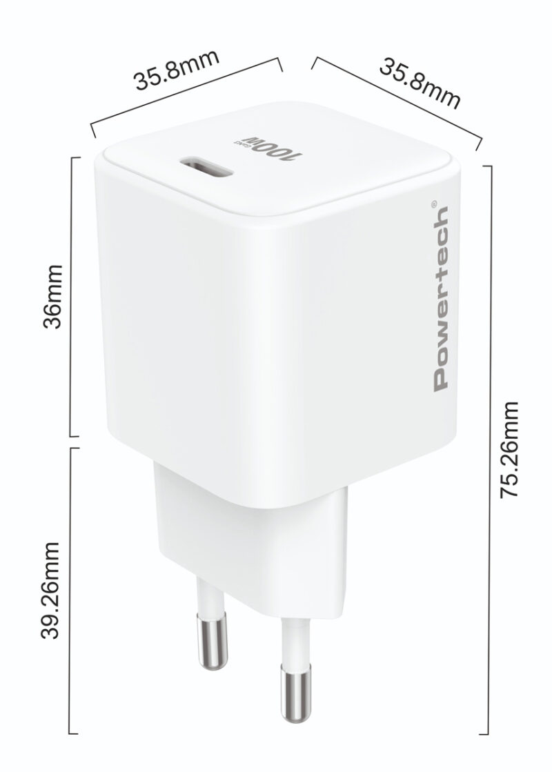 POWERTECH φορτιστής τοίχου PT-1612, USB-C, 100W, GaN, AVS, λευκός