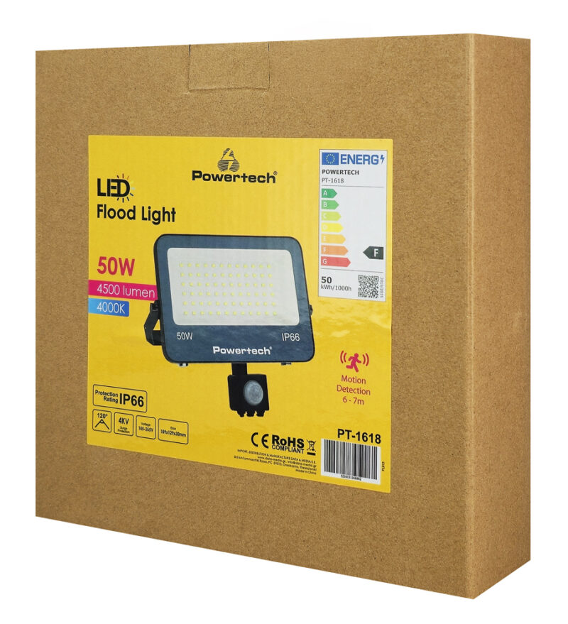 POWERTECH LED προβολέας PT-1618 με αισθητήρα κίνησης, 50W, 4000K, 4500lm, IP66, 4KV