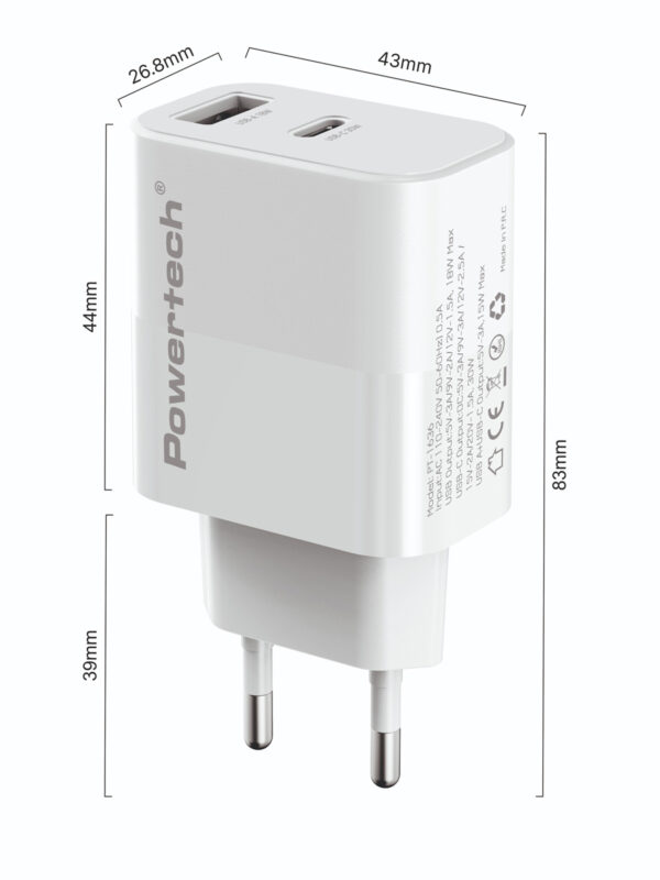 POWERTECH φορτιστής τοίχου PT-1635 με καλώδιο, USB/USB-C, 20W, λευκός