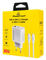 POWERTECH φορτιστής τοίχου PT-1636 με καλώδιο, USB/USB-C, 30W, GaN, λευκός