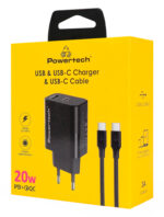POWERTECH φορτιστής τοίχου PT-1637 με καλώδιο, USB/USB-C, 20W, μαύρος