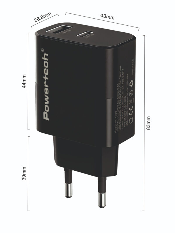POWERTECH φορτιστής τοίχου PT-1638 με καλώδιο, USB/USB-C, 30W, GaN, μαύρος