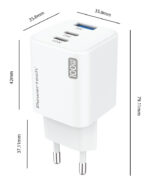 POWERTECH μίνι φορτιστής τοίχου PT-1671 με καλώδιο, USB/2x USB-C, 100W, GaN, λευκός