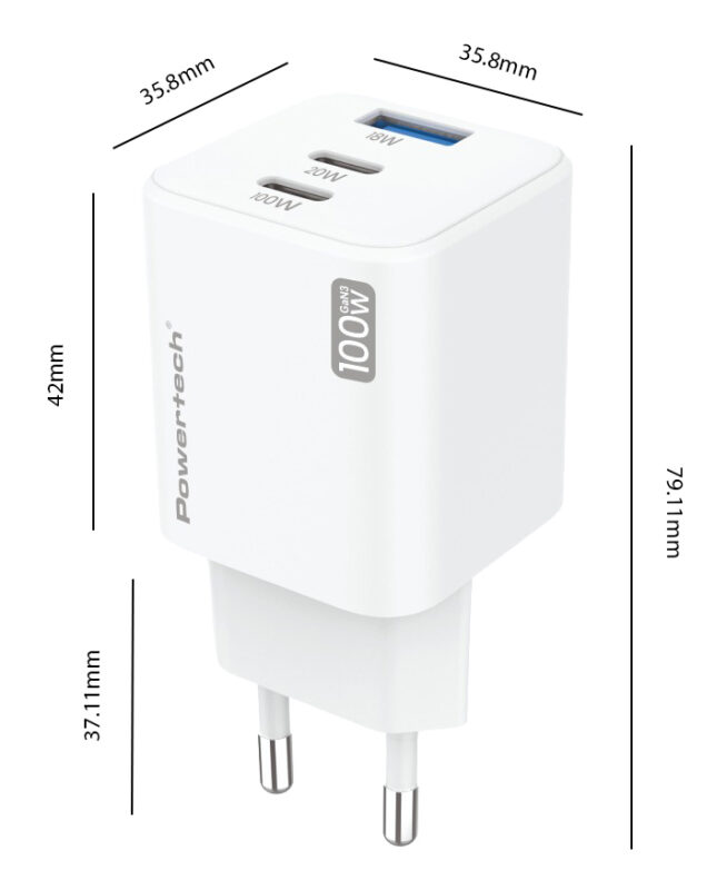 POWERTECH μίνι φορτιστής τοίχου PT-1671 με καλώδιο, USB/2x USB-C, 100W, GaN, λευκός