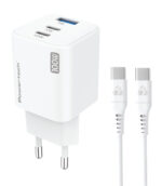 POWERTECH μίνι φορτιστής τοίχου PT-1671 με καλώδιο, USB/2x USB-C, 100W, GaN, λευκός