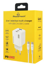 POWERTECH μίνι φορτιστής τοίχου PT-1671 με καλώδιο, USB/2x USB-C, 100W, GaN, λευκός