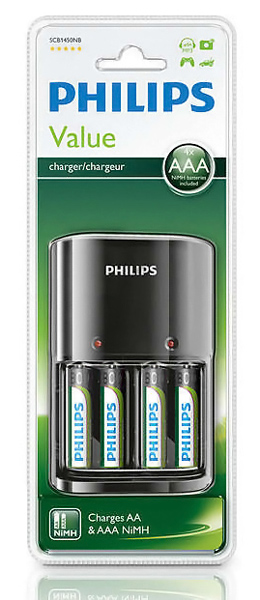 PHILIPS φορτιστής μπαταριών AA & AAA NiMH SCB1450NB με 4x AAA, μαύρος