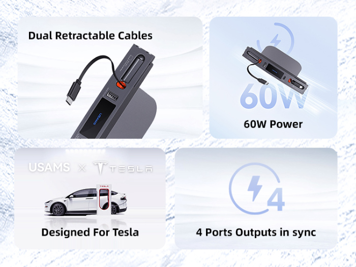 USAMS φορτιστής αυτοκινήτου US-SJ649 για Tesla(3/Y), με 2x καλώδια, USB/USB-C θύρες, 60W, γκρι