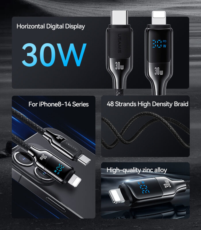 USAMS καλώδιο Lightning σε USB-C SJ741, 30W, 480Mbps, 1.2m, μαύρο