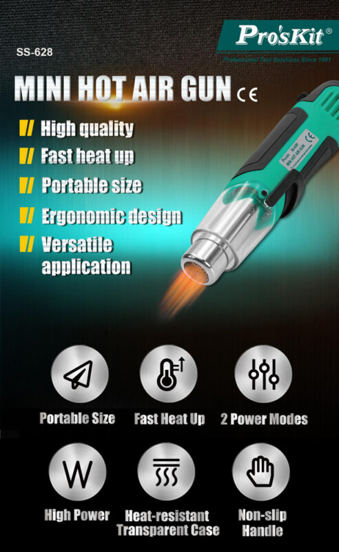 PROSKIT μίνι πιστόλι θερμού αέρα SS-628F, 250/500W, 350/500 °C