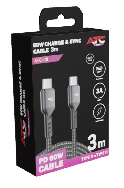 ATC-C8 Καλώδιο Φόρτισης & Συγχρονισμού USB-C σε USB-C 60W 3m