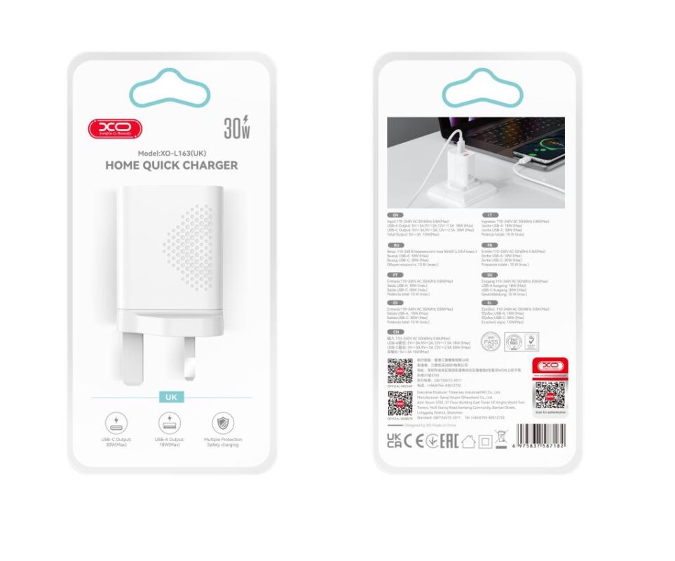 XO L163 PD30W QC Φορτιστής UK Γρήγορης Φόρτισης 18W USB-A & Type-C