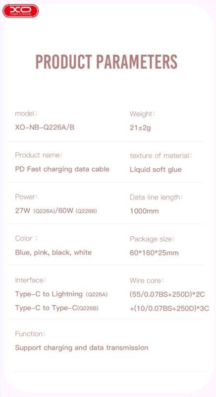 XO NB-Q226B Καλώδιο Φόρτισης - Data 60W Type-C σε Type-C 1m Ροζ