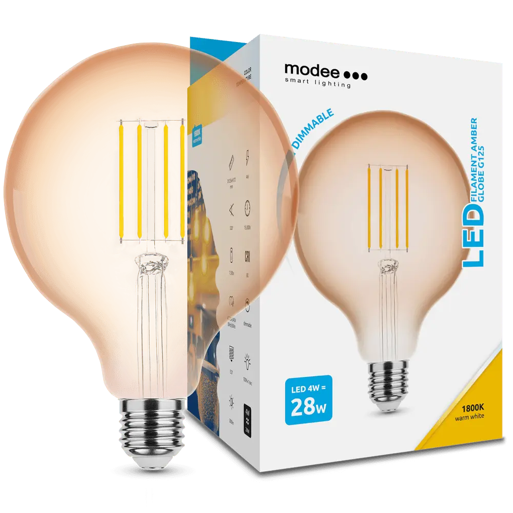 media-1664787848272 Modee Λαμπτήρας LED Filament Modee, Globe G125, Amber, 4W, E27, 320°, 1800K (360 lumen) dimmable - Image 1